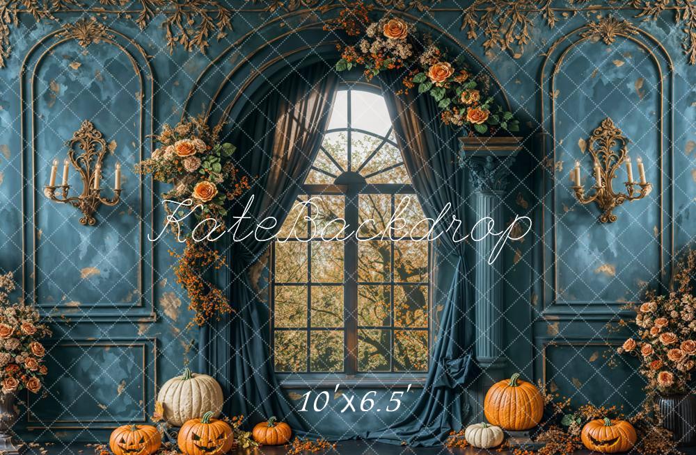 Kate Halloween Retro Blue Flower Window Backdrop Designed by Emetselch