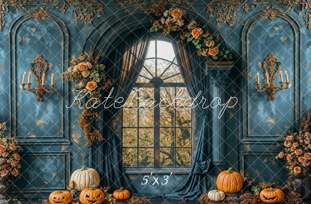 Kate Halloween Retro Blue Flower Window Backdrop Designed by Emetselch