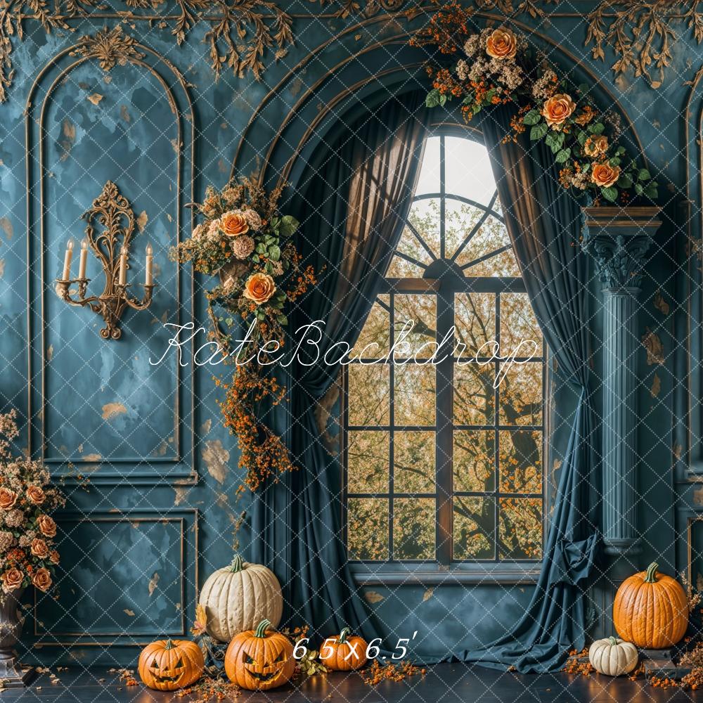 Kate Halloween Retro Blue Flower Window Backdrop Designed by Emetselch