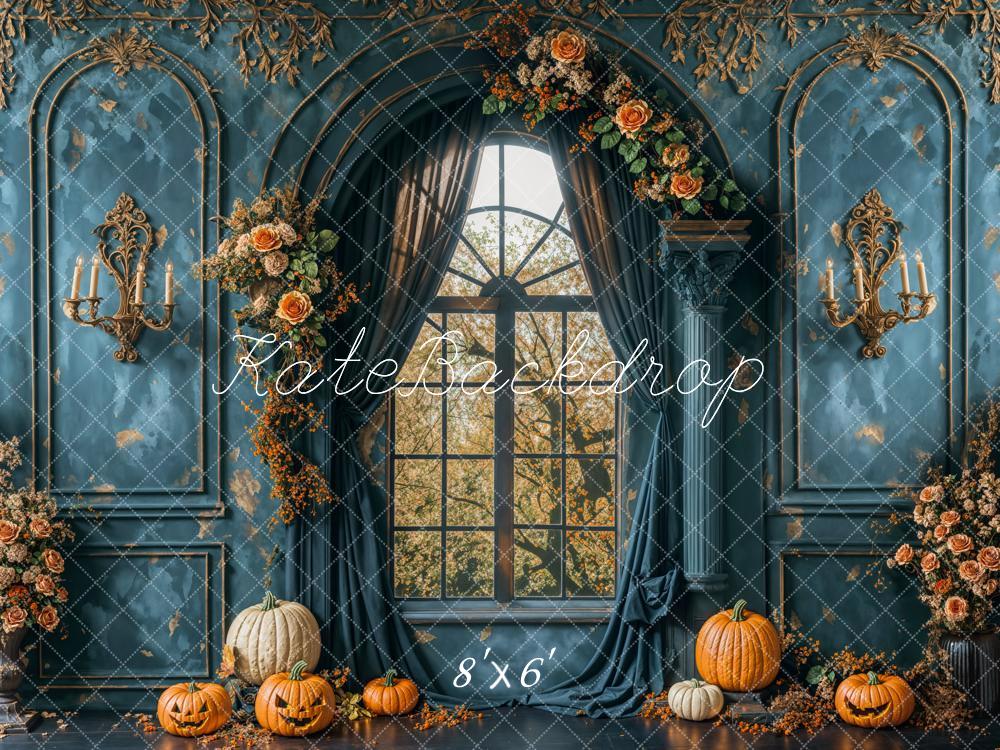 Kate Halloween Retro Blue Flower Window Backdrop Designed by Emetselch