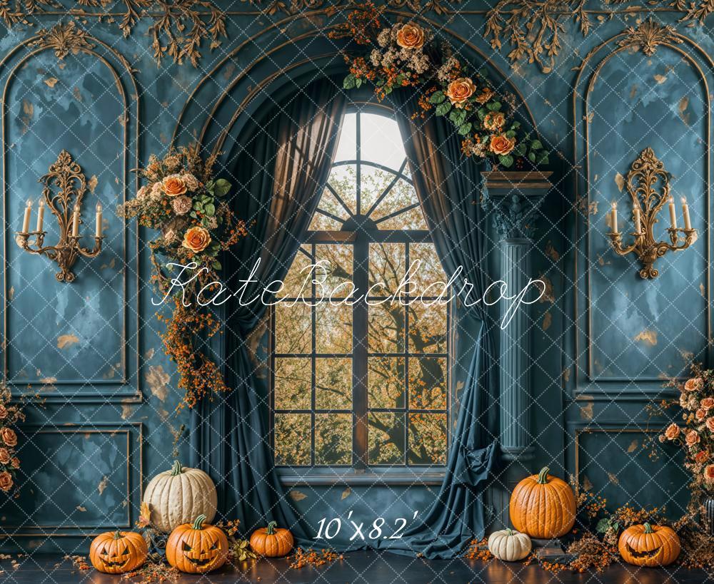 Kate Halloween Retro Blue Flower Window Backdrop Designed by Emetselch