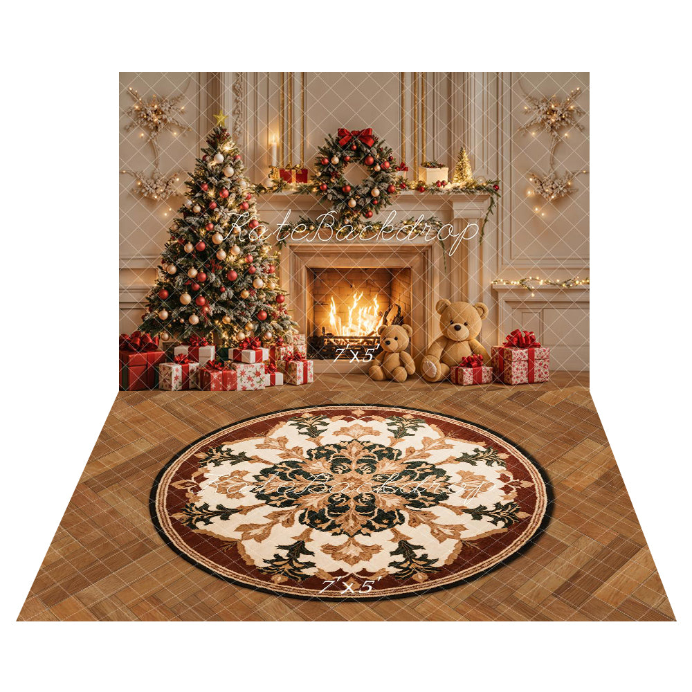 Kate Christmas Tree Fireplace Flame Backdrop+Retro Circular Pattern Floor Backdrop