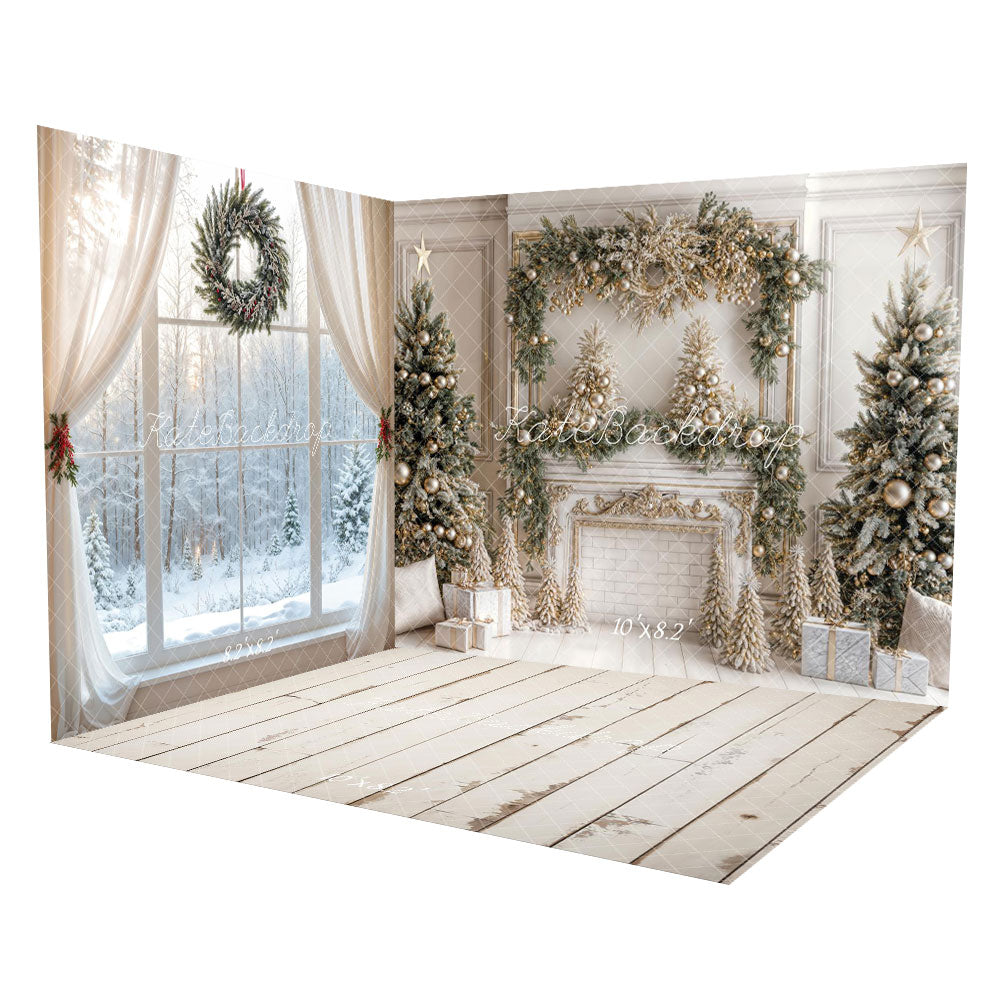 Kate Christmas White Vintage Brick Fireplace Room Set(8ftx8ft&10ftx8ft&8ftx10ft)