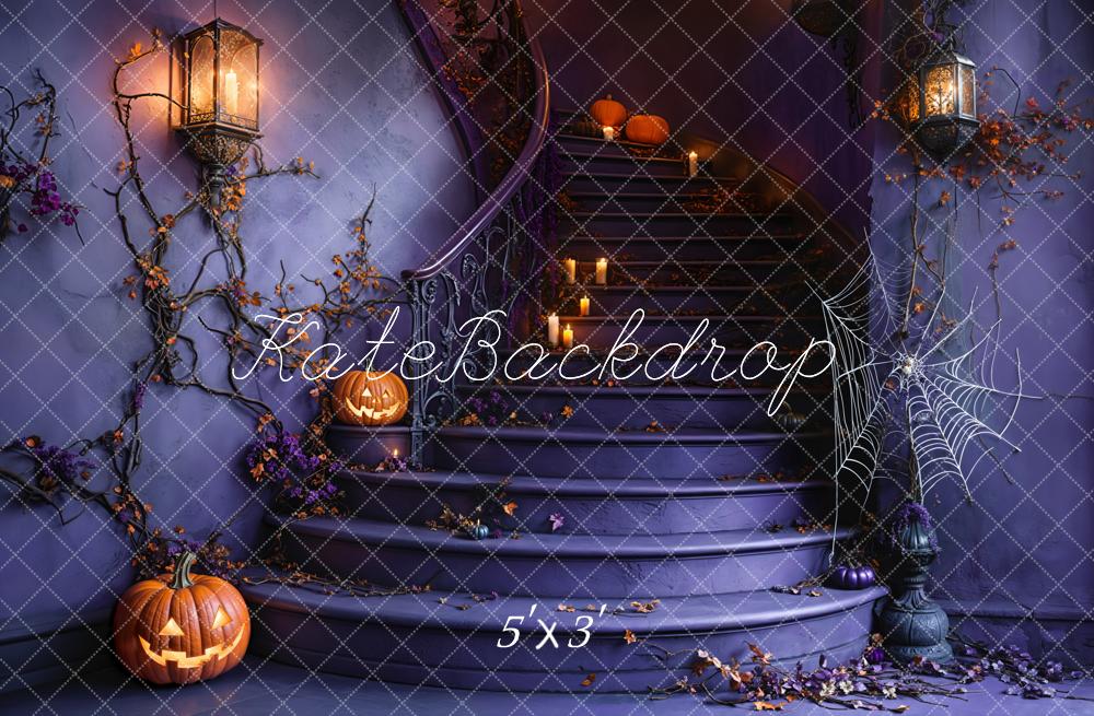 Kate Halloween Staircase Pumpkin Spider Web Backdrop Designed by Emetselch