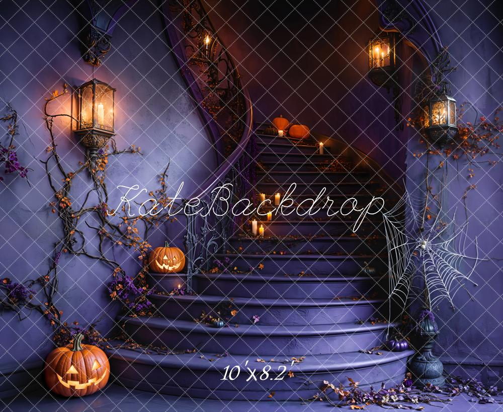 Kate Halloween Staircase Pumpkin Spider Web Backdrop Designed by Emetselch