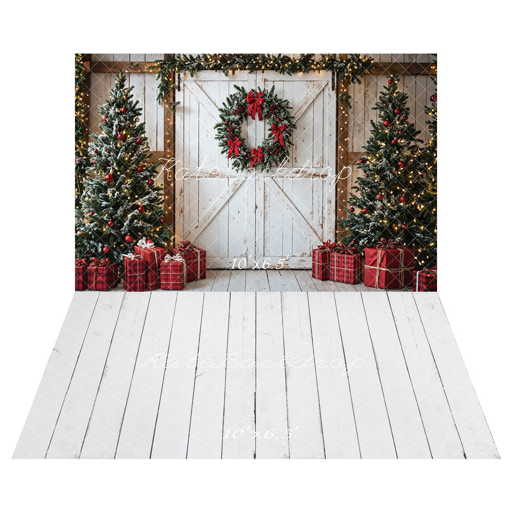 Kate Christmas Trees White Door Gifts Backdrop+Wood Floor Backdrop