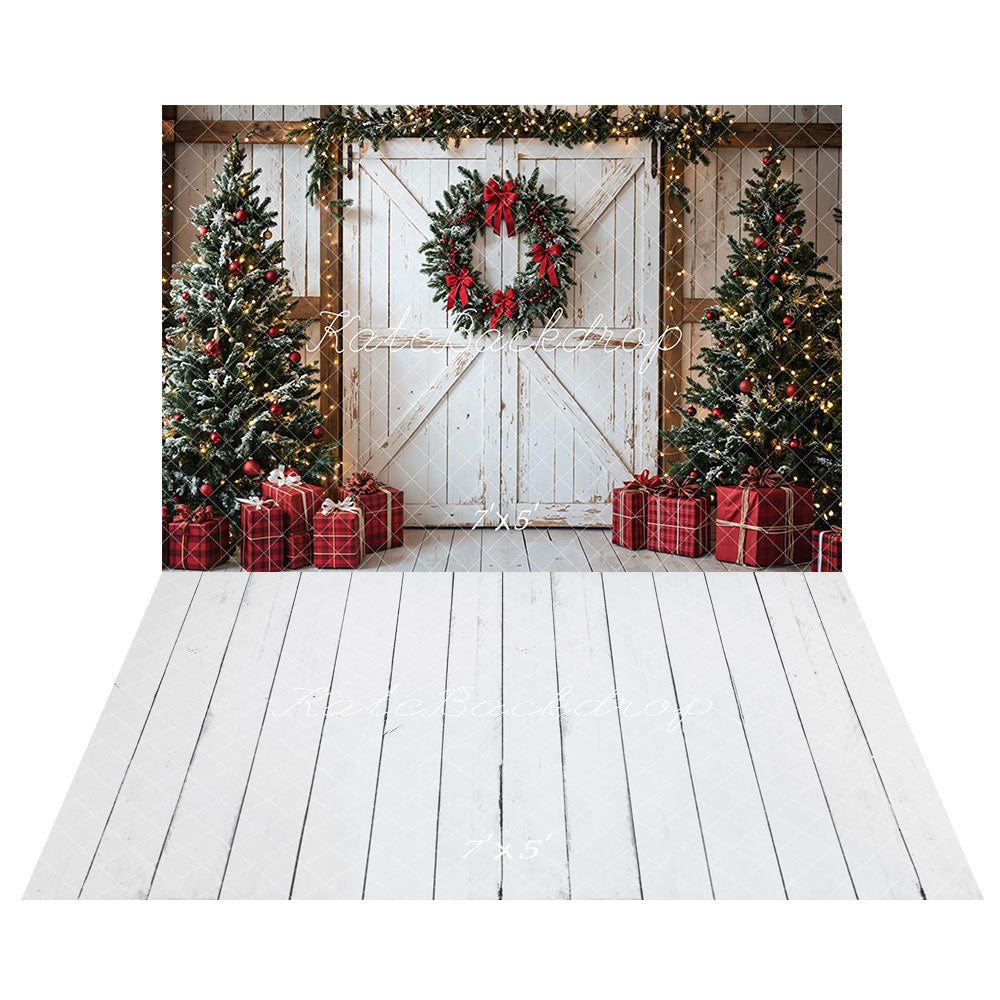 Kate Christmas Trees White Door Gifts Backdrop+Wood Floor Backdrop