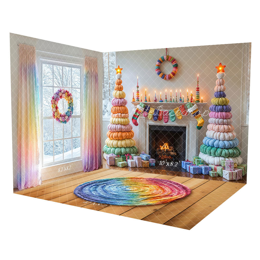 Kate Christmas Colorful Trees Fireplace Rainbow Window Backdorp Room Set(8ftx8ft&10ftx8ft&8ftx10ft)