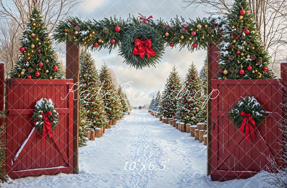 Kate Christmas Tree Snow Backdrop Red Barn Door Designed by Emetselch