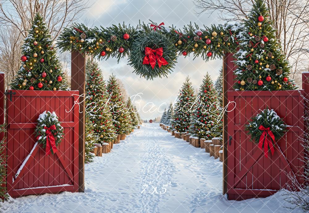 Kate Christmas Tree Snow Backdrop Red Barn Door Designed by Emetselch