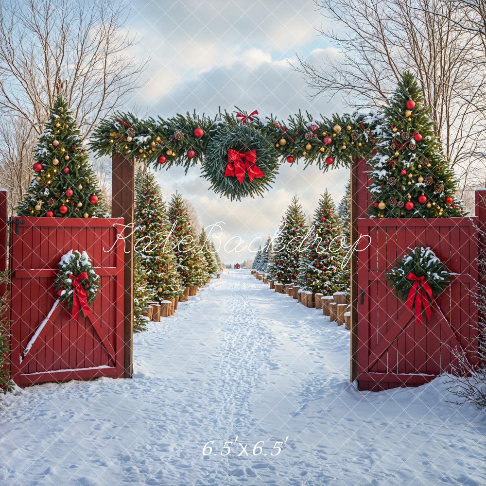 Kate Christmas Tree Snow Backdrop Red Barn Door Designed by Emetselch