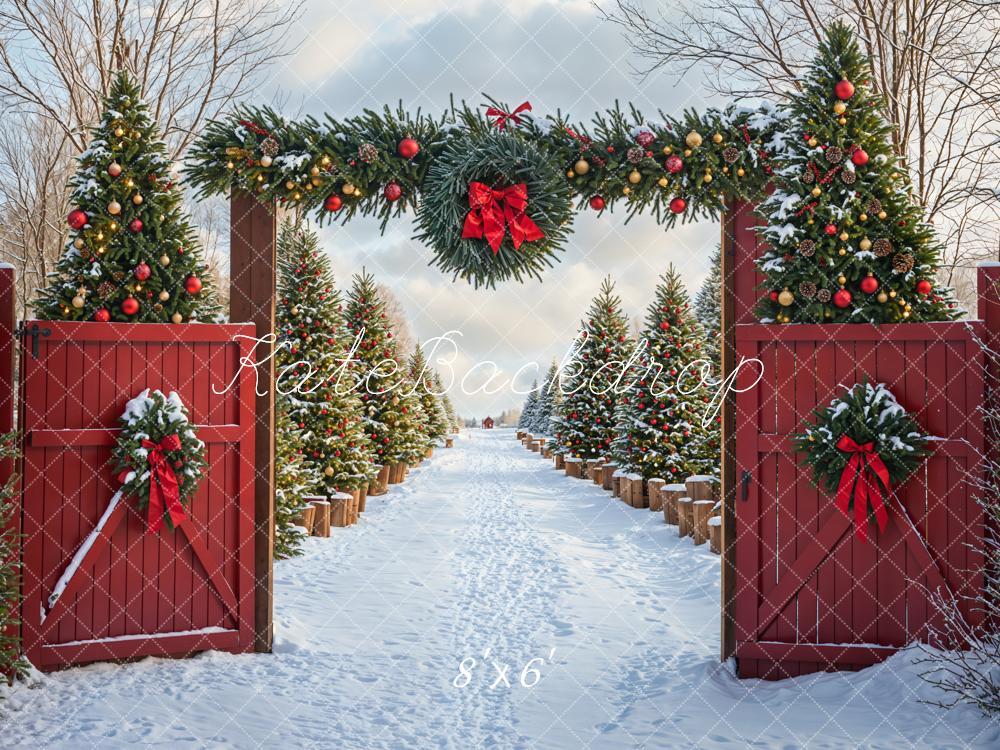 Kate Christmas Tree Snow Backdrop Red Barn Door Designed by Emetselch