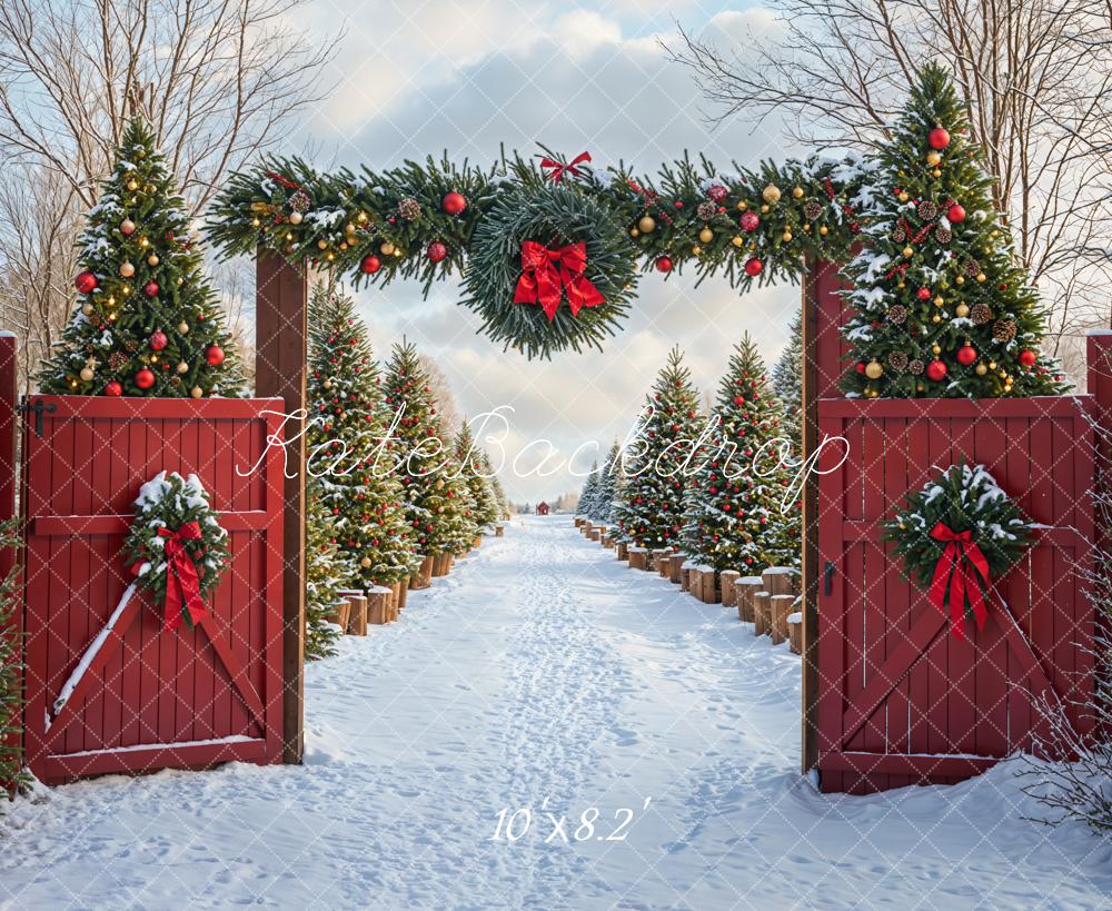 Kate Christmas Tree Snow Backdrop Red Barn Door Designed by Emetselch