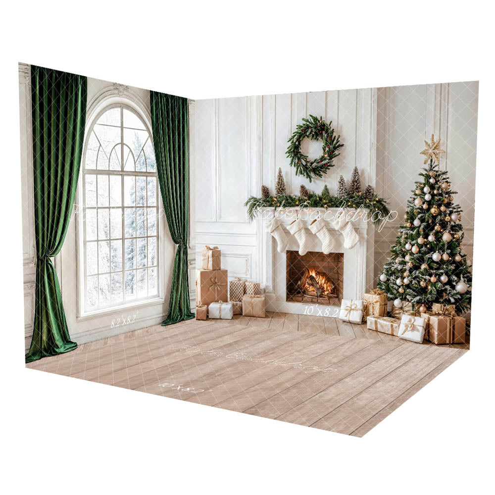 Kate Christmas White Fireplace Green Curtain Arch Window Room Set(8ftx8ft&10ftx8ft&8ftx10ft)