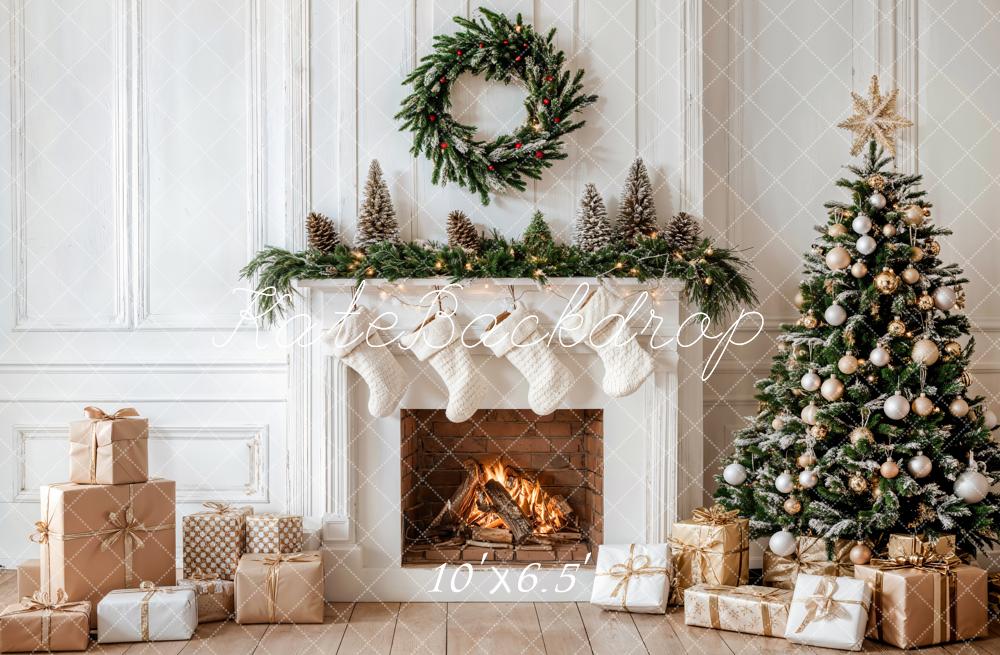 Kate Christmas White Fireplace Gifts Wreath Backdrop Designed by Emetselch