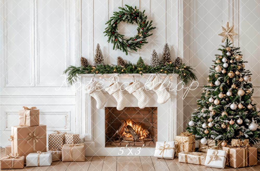 Kate Christmas White Fireplace Gifts Wreath Backdrop Designed by Emetselch