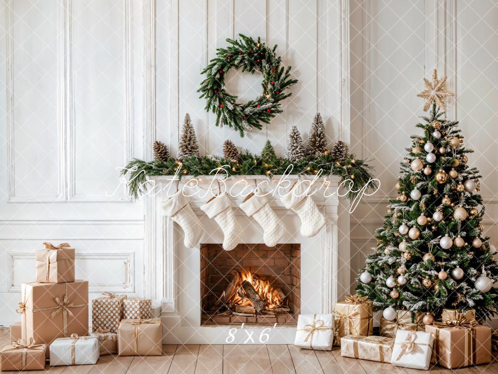 Kate Christmas White Fireplace Gifts Wreath Backdrop Designed by Emetselch