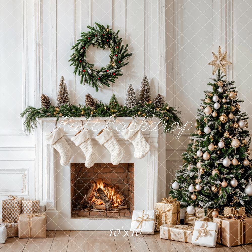 Kate Christmas White Fireplace Gifts Wreath Backdrop Designed by Emetselch