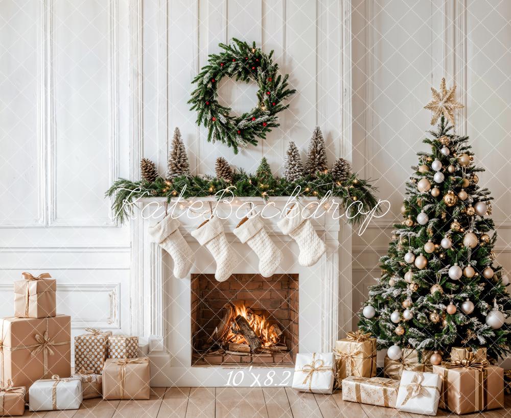 Kate Christmas White Fireplace Gifts Wreath Backdrop Designed by Emetselch