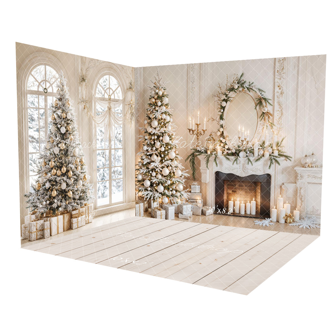 Kate White Christmas Tree Fireplace Winter Room Set(8ftx8ft&10ftx8ft&8ftx10ft)