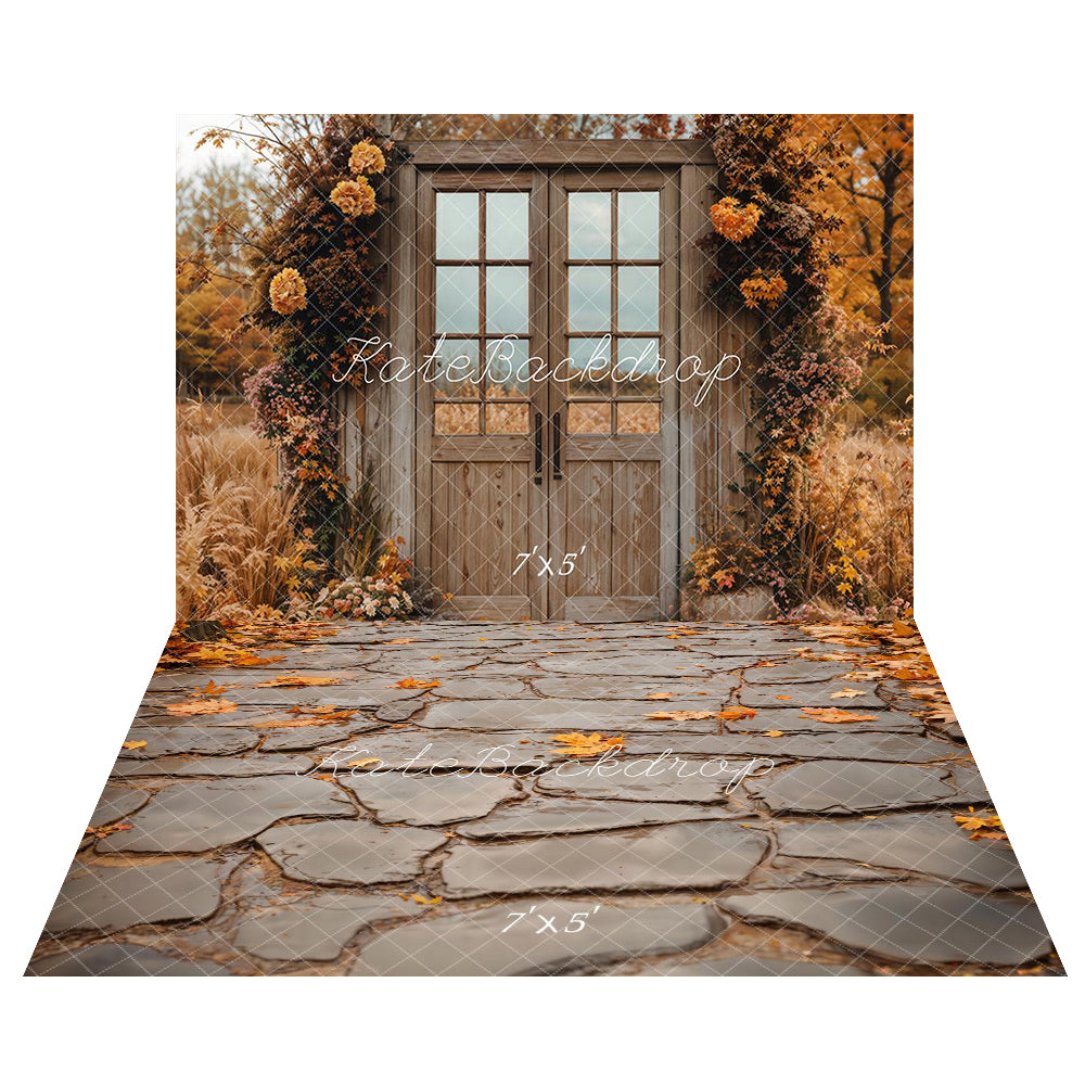 Kate Fall Flower Vintage Wooden Door Backdrop+Fall Leaves Stone Floor Backdrop