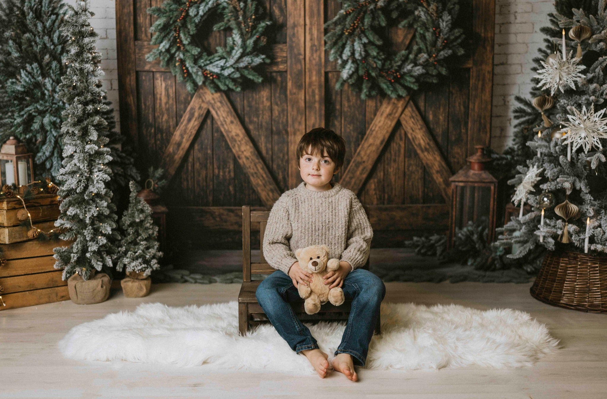 Kate Christmas Tree White Brick Wall Backdrop Barn Door Designed by Emetselch