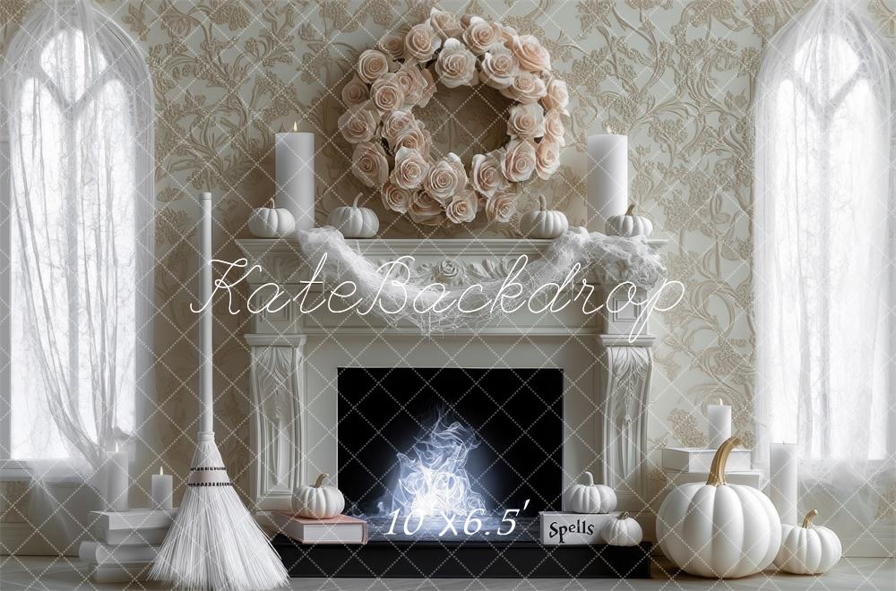 Kate Halloween Backdrop Witch White Pumpkin Fireplace Designed by Mini MakeBelieve