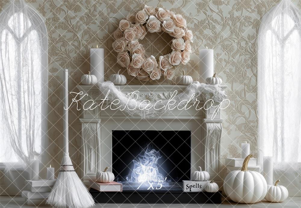 Kate Halloween Backdrop Witch White Pumpkin Fireplace Designed by Mini MakeBelieve