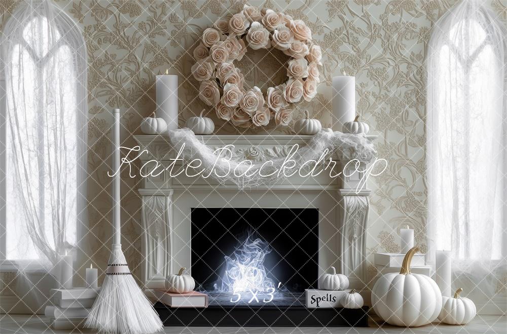 Kate Halloween Backdrop Witch White Pumpkin Fireplace Designed by Mini MakeBelieve