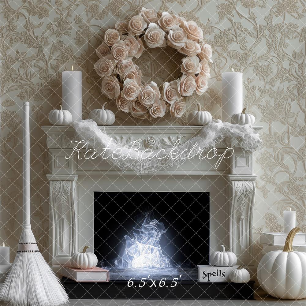 Kate Halloween Backdrop Witch White Pumpkin Fireplace Designed by Mini MakeBelieve