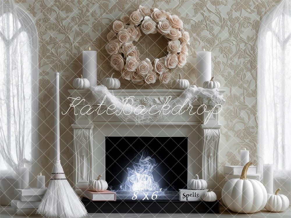 Kate Halloween Backdrop Witch White Pumpkin Fireplace Designed by Mini MakeBelieve