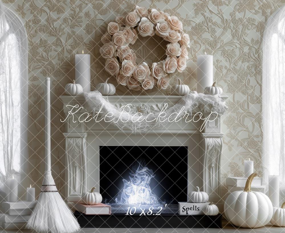 Kate Halloween Backdrop Witch White Pumpkin Fireplace Designed by Mini MakeBelieve