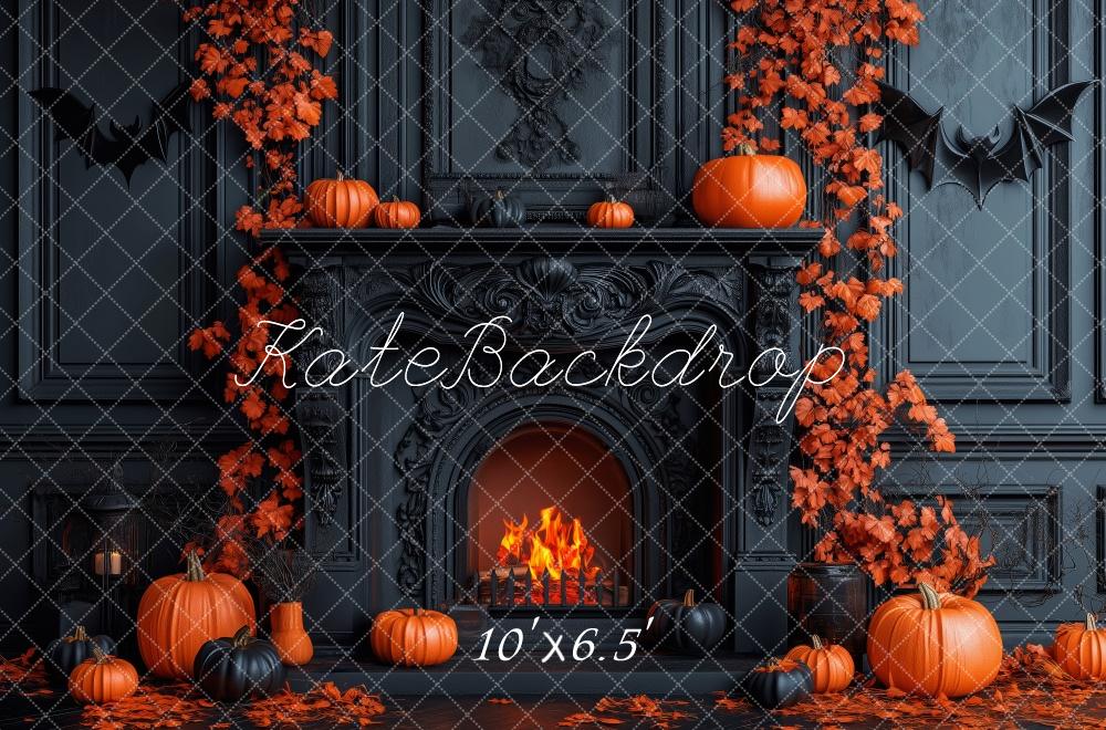 Kate Halloween Backdrop Pumpkins Black Fireplace Designed by Patty Robert