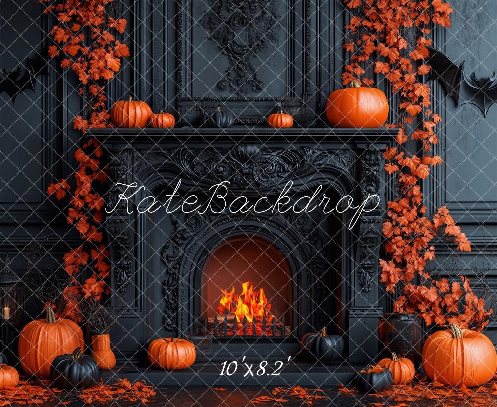 Kate Halloween Backdrop Pumpkins Black Fireplace Designed by Patty Robert