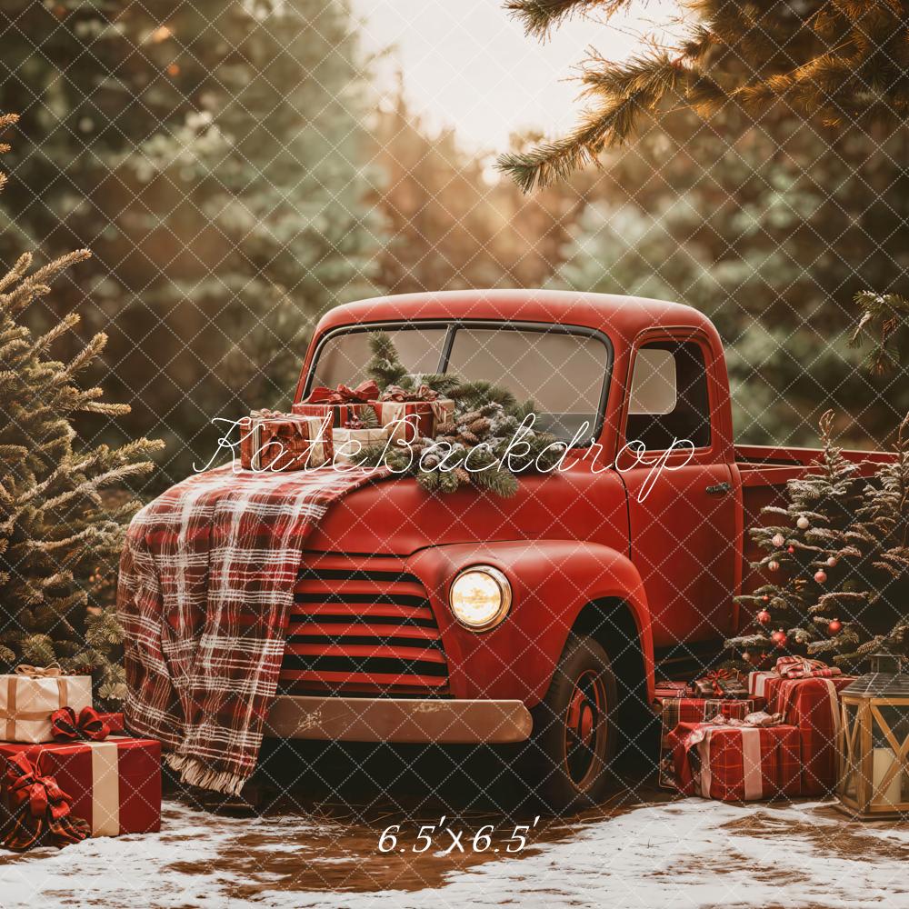 Kate Christmas Red Truck Plaid Forest Backdrop Designed by Emetselch