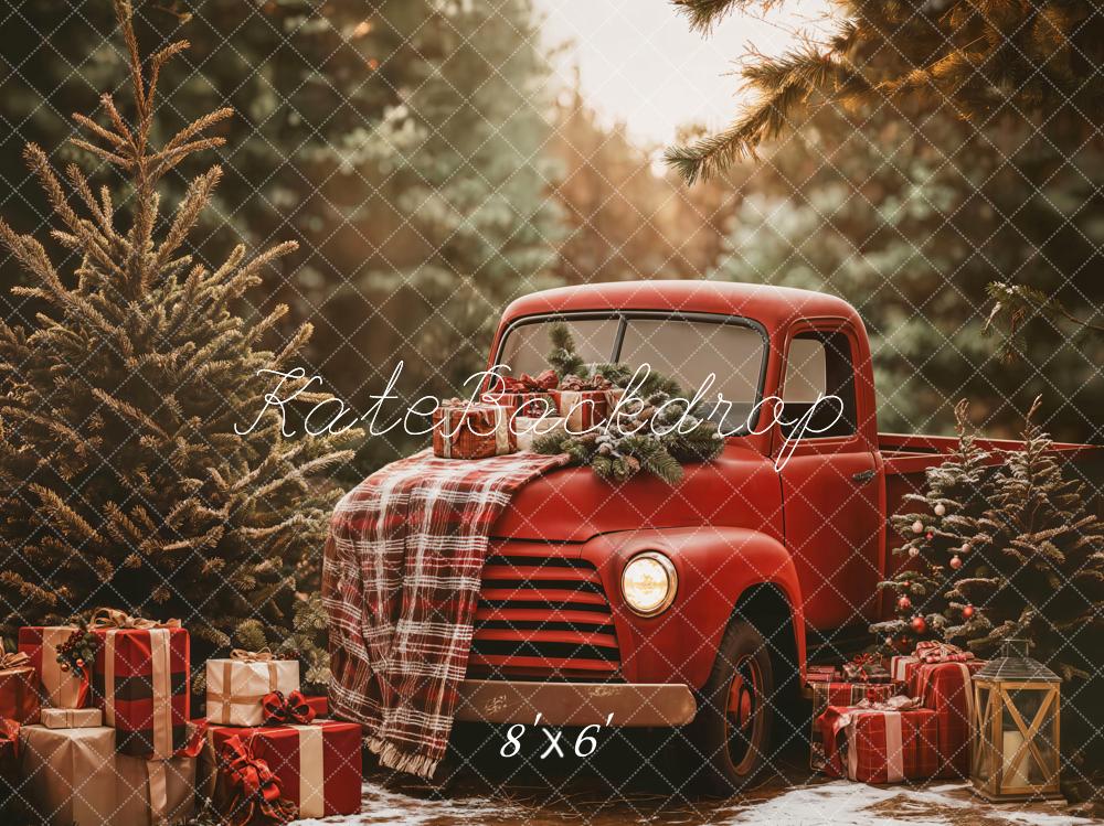 Kate Christmas Red Truck Plaid Forest Backdrop Designed by Emetselch