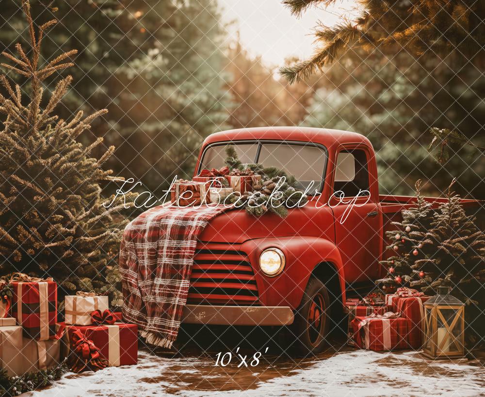 Kate Christmas Red Truck Plaid Forest Backdrop Designed by Emetselch