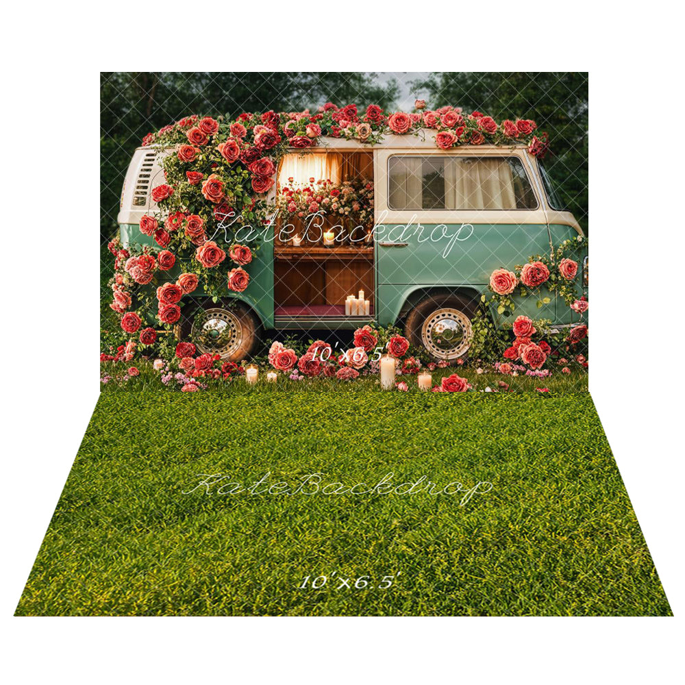 Kate Spring Valentine's Day Floral Campervan Backdrop+Green Grass Field Floor Backdrop