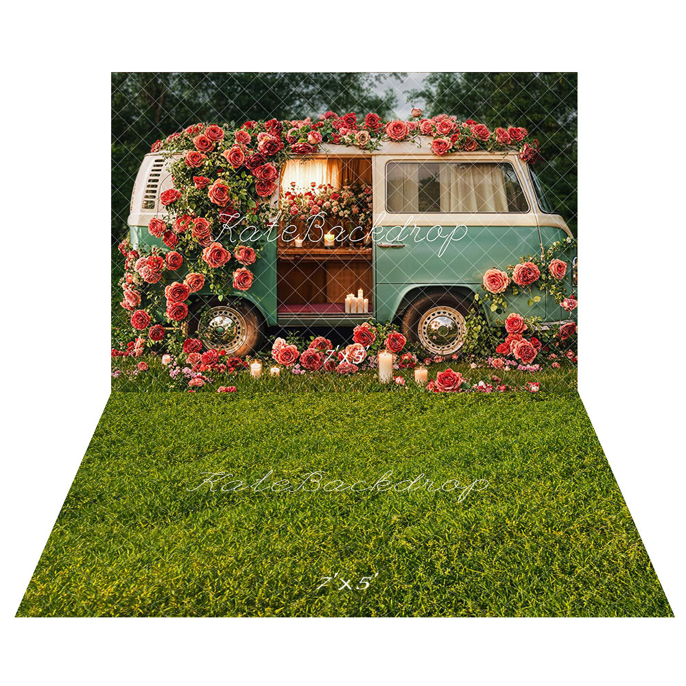 Kate Spring Valentine's Day Floral Campervan Backdrop+Green Grass Field Floor Backdrop