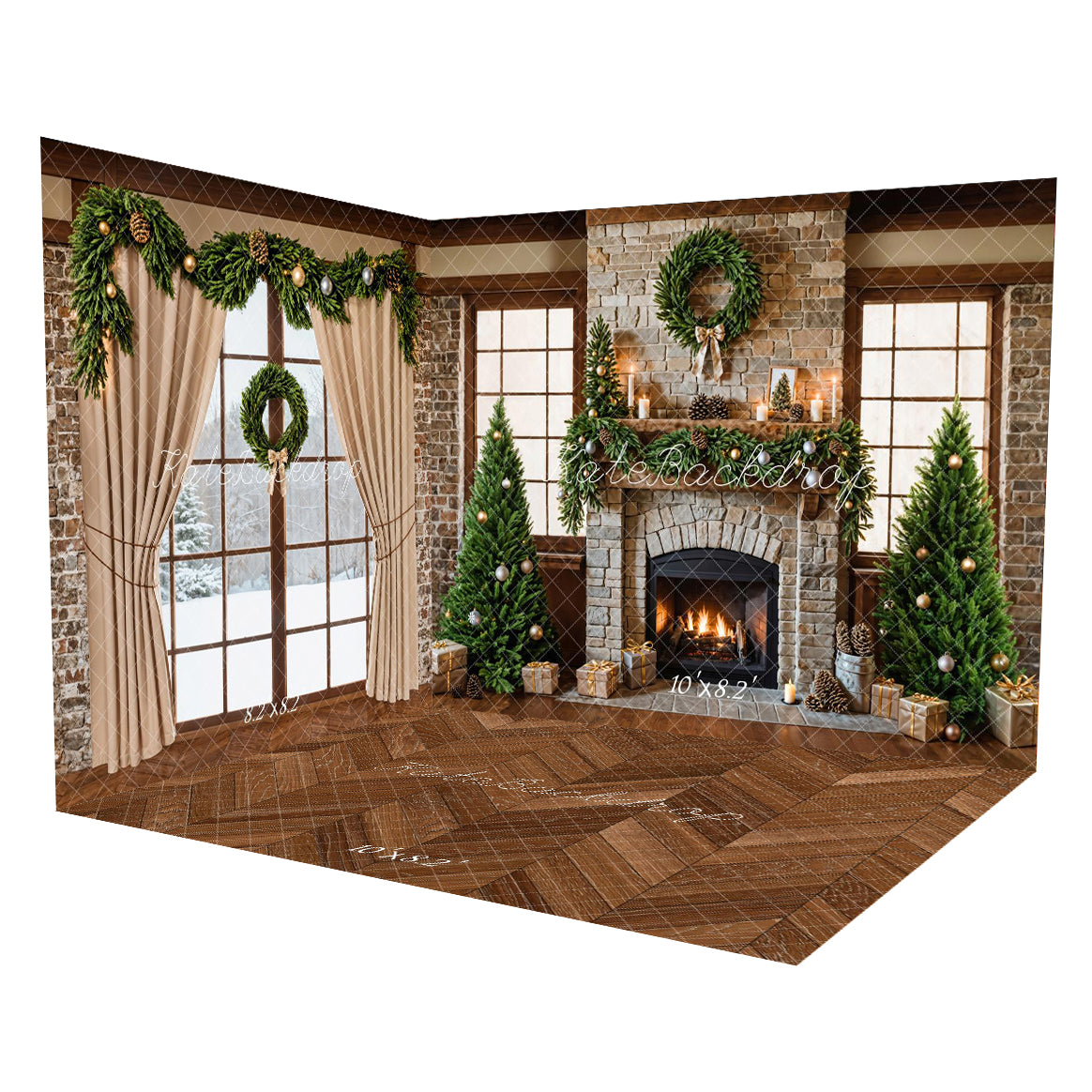 Kate Winter Christmas Trees Brick Fireplace Window Room Set(8ftx8ft&10ftx8ft&8ftx10ft)