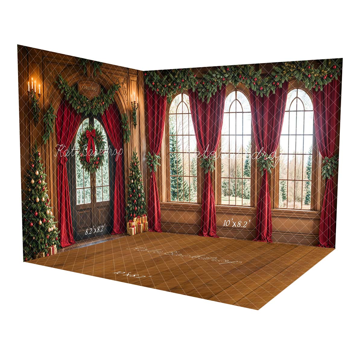 Kate Arched Windows Red Curtains Christmas Interior Room Set(8ftx8ft&10ftx8ft&8ftx10ft)