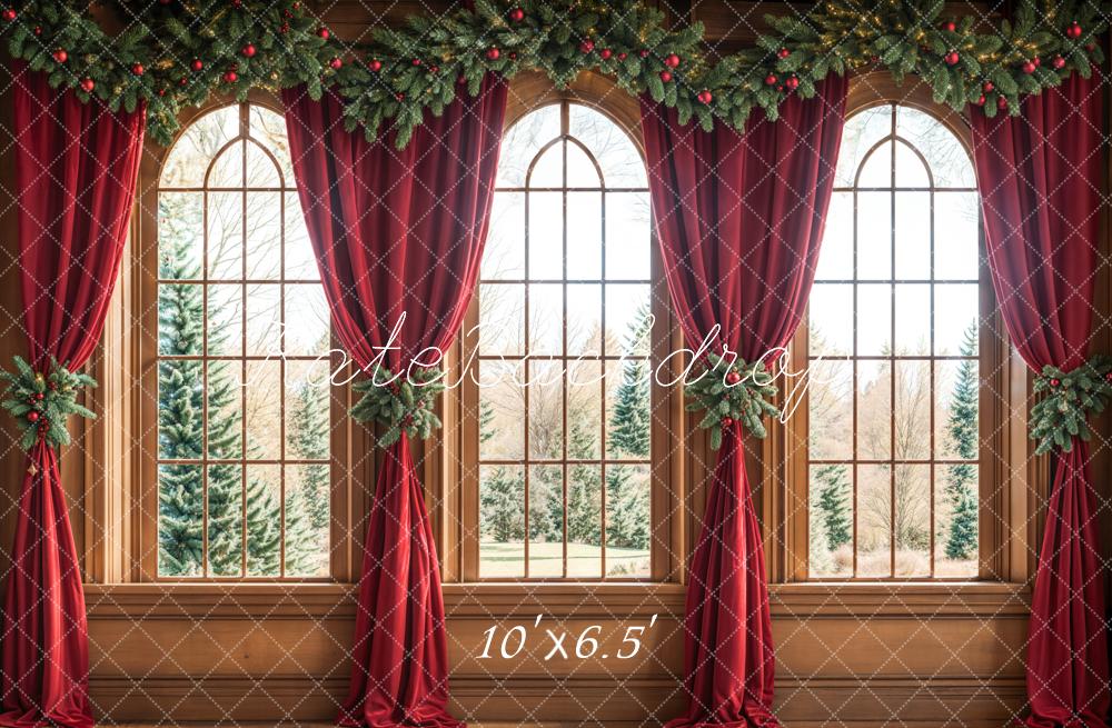 Kate Christmas Arched Window Red Curtains Backdrop Designed by Emetselch