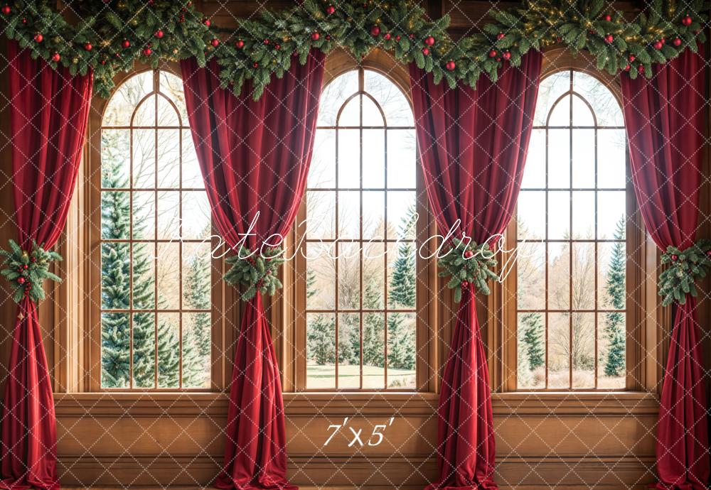 Kate Christmas Arched Window Red Curtains Backdrop Designed by Emetselch