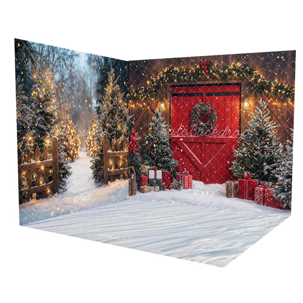 Kate Winter Snow Christmas Red Barn Door Wreath Room Set(8ftx8ft&10ftx8ft&8ftx10ft)