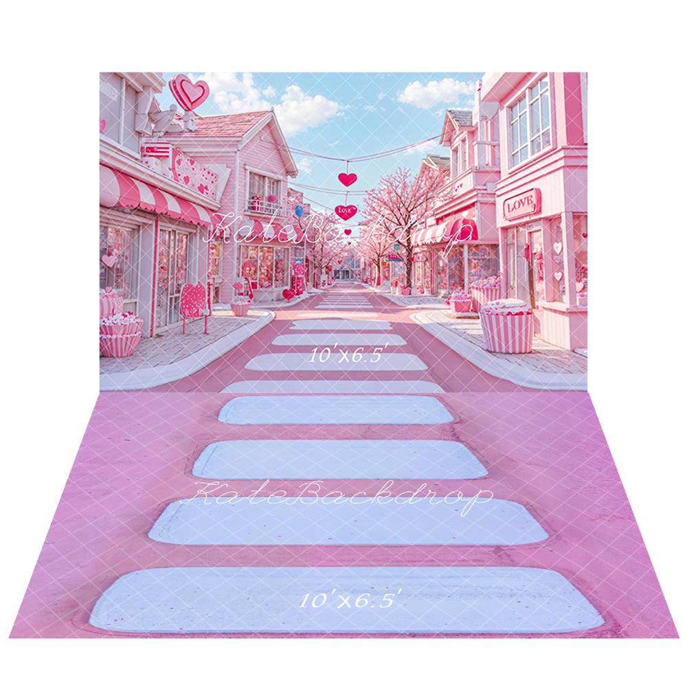 Kate Pink Love Street Cupcake Backdrop+Pink Cascading Stairs Floor Backdrop