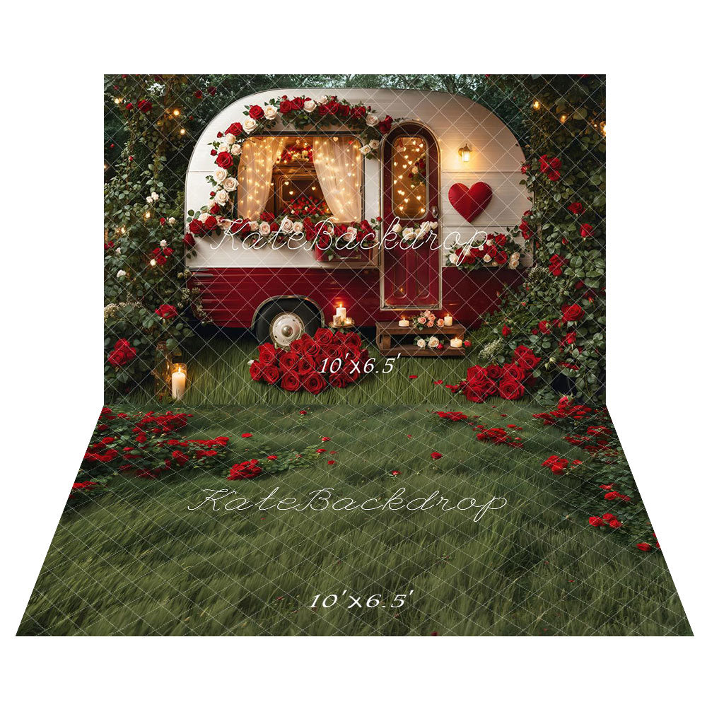 Kate Spring Valentine's Day Camper Backdrop+Flower Green Meadow Floor Backdrop