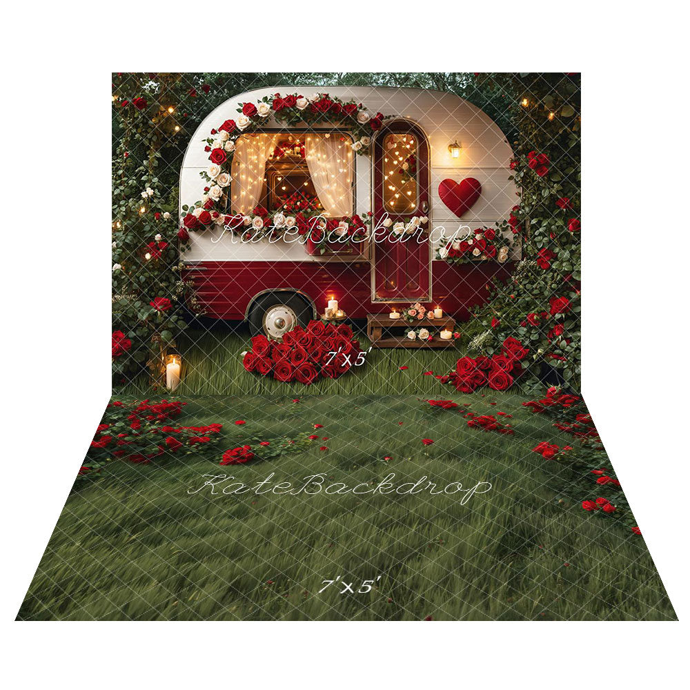 Kate Spring Valentine's Day Camper Backdrop+Flower Green Meadow Floor Backdrop