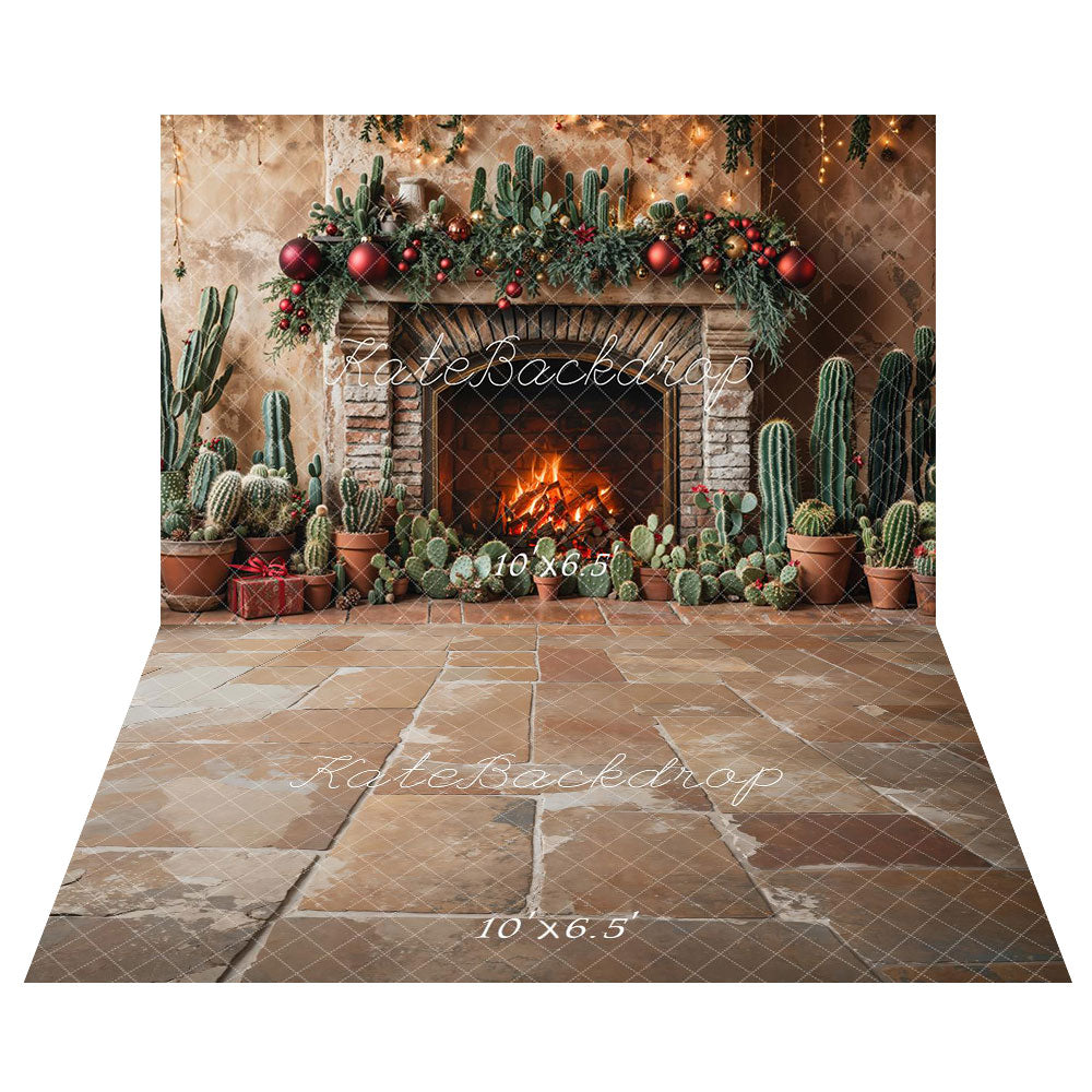 Kate Christmas Cactus Fireplace Backdrop+Vintage Rustic Cobblestone Floor Backdrop