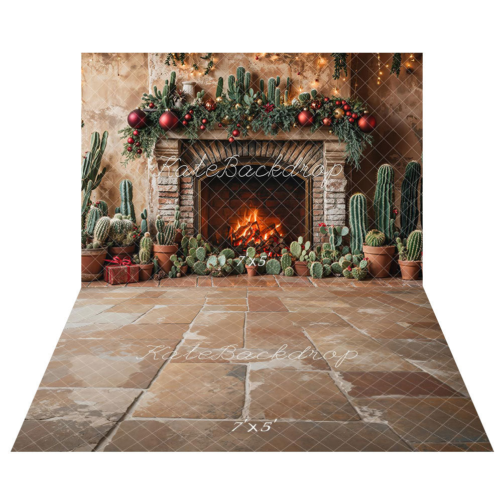 Kate Christmas Cactus Fireplace Backdrop+Vintage Rustic Cobblestone Floor Backdrop