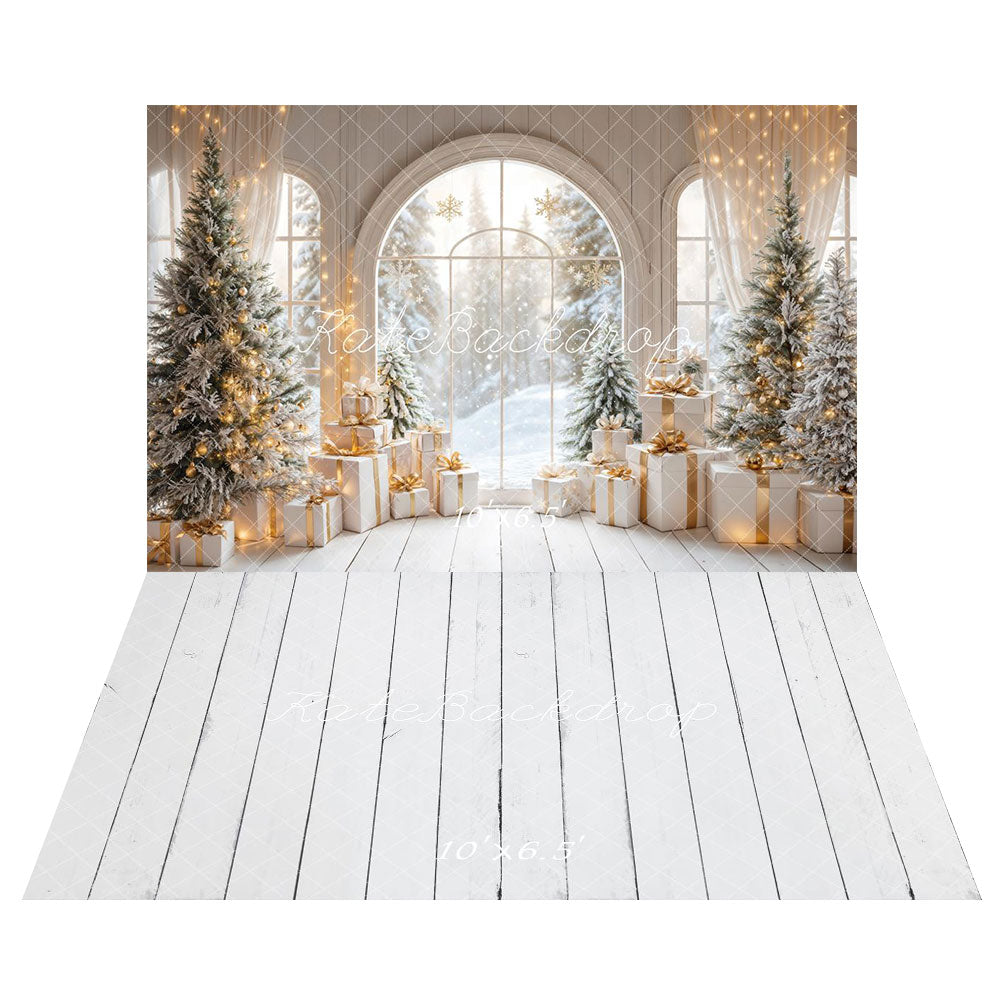 Kate White Arch Christmas Tree Gifts Backdrop+Cream Wood Floor Backdrop